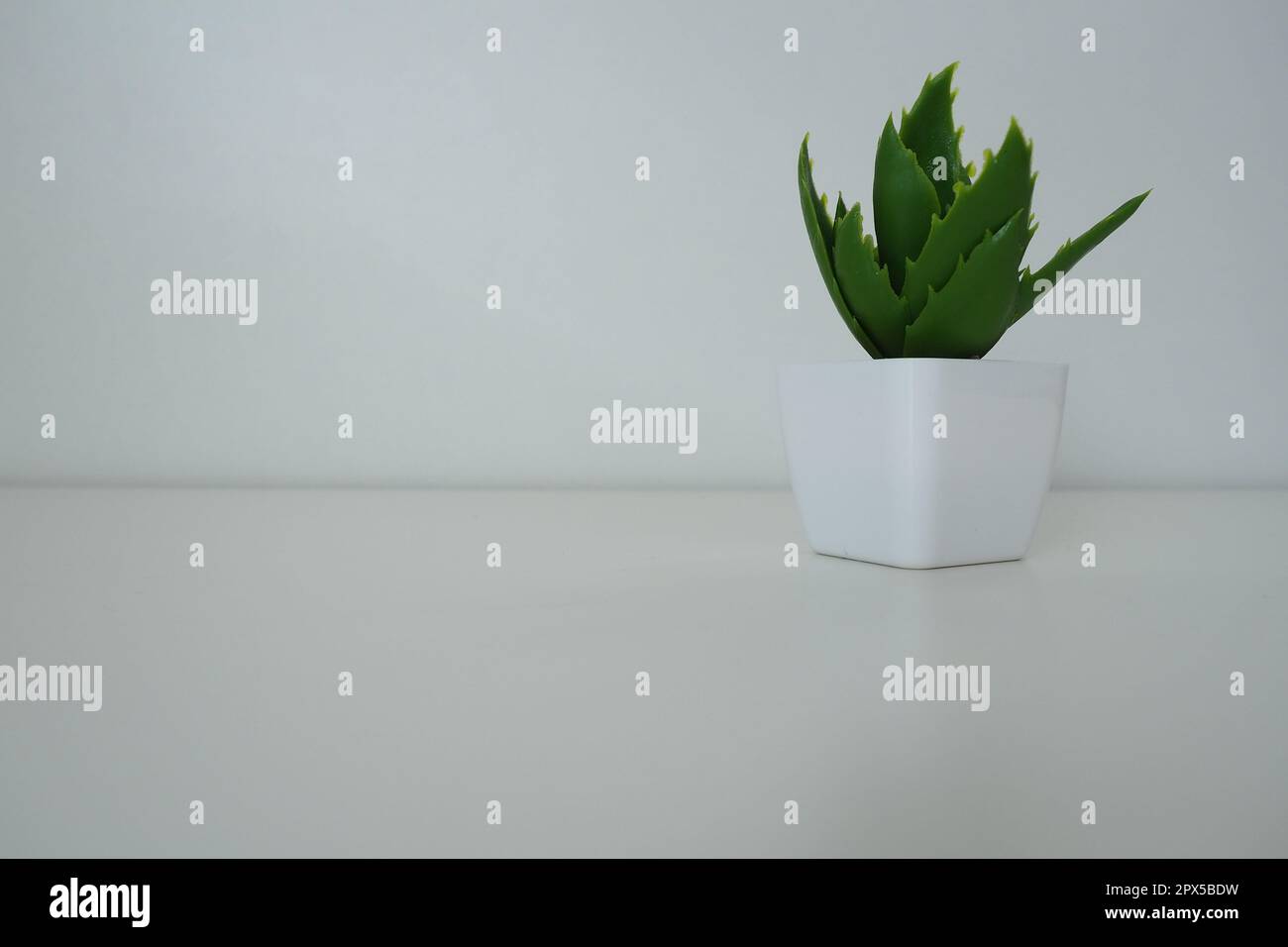 Interior decor. Artificial green plant in a white small pot against a