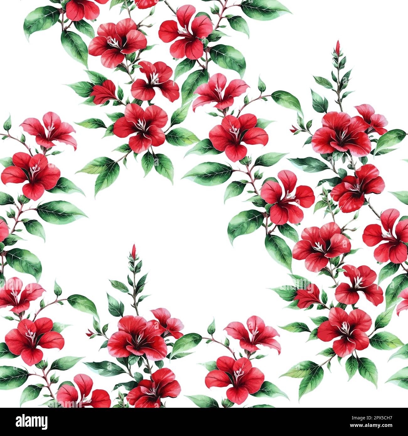 Red Barleria flowers with green leaves, floral seamless pattern, watercolor style, motif for print, fabric, wrapping paper, wallpaper design element, packaging, cosmetics, beauty products Stock Vector