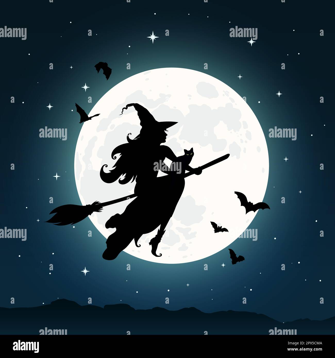 Witch flying on a broom against full moon Stock Vector Image & Art - Alamy