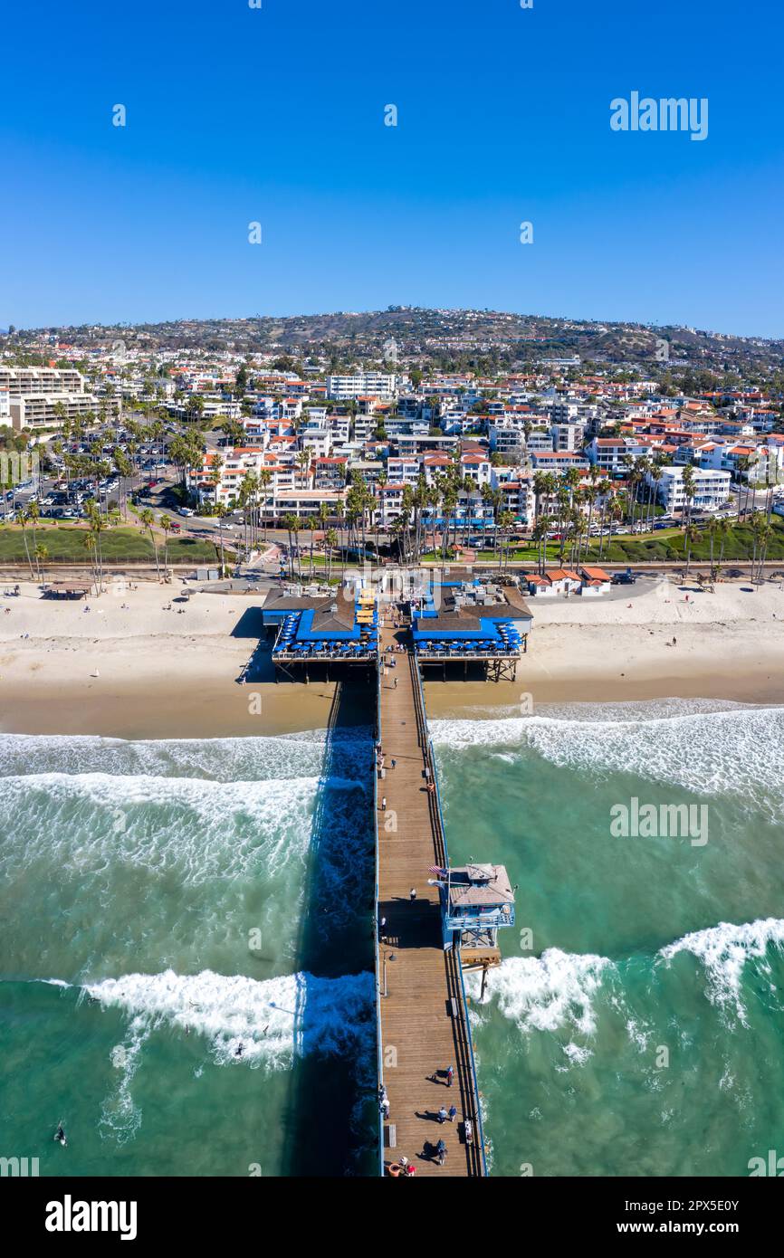 Aerial view of San Clemente California with pier and beach sea vacation travel portrait format in the United States Stock Photo