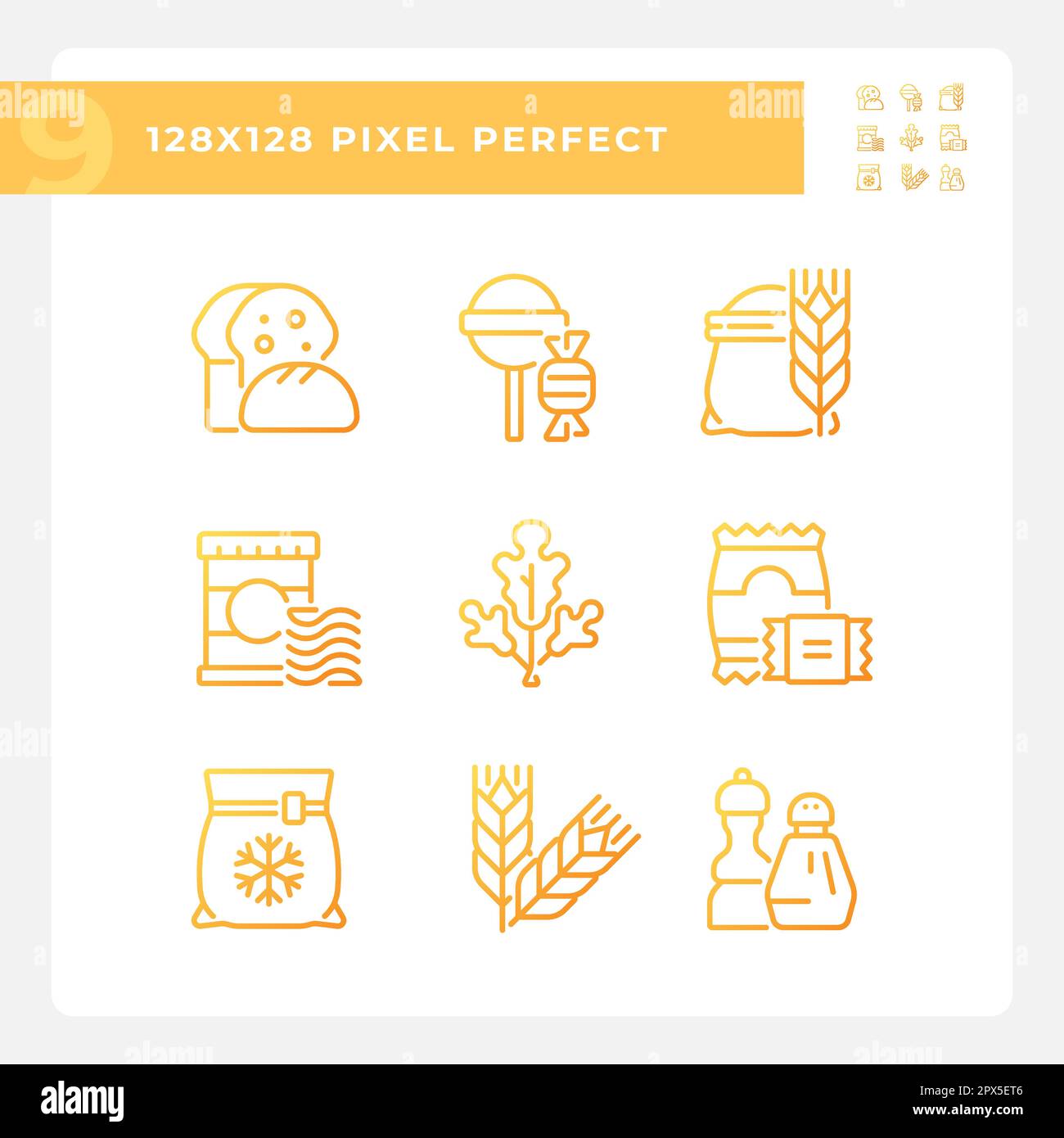 Supermarket products pixel perfect gradient linear vector icons set Stock Vector