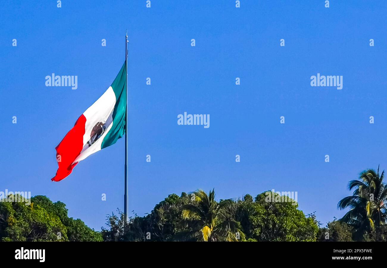 Mexican green white red flag with palm trees and blue sky and clouds in