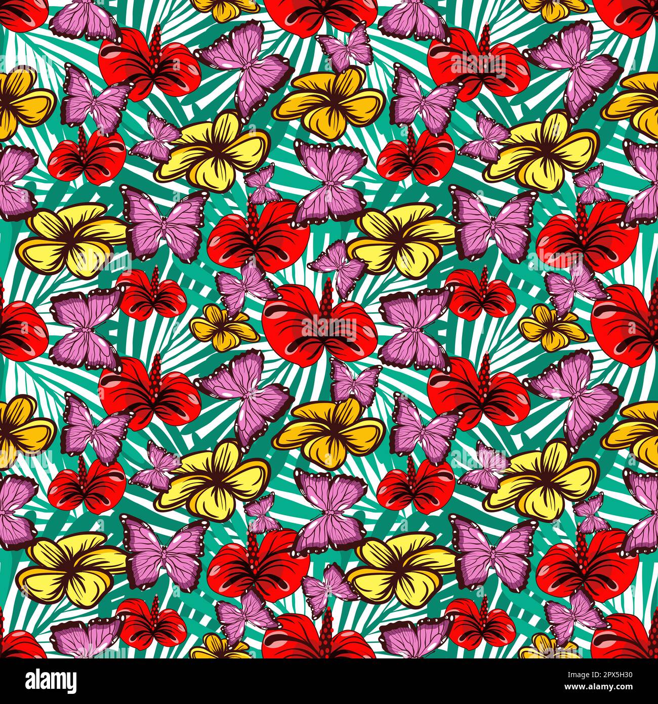 Seamless tropical pattern with butterflies, plumeria flowers and exotic leaves vector illustration Stock Vector