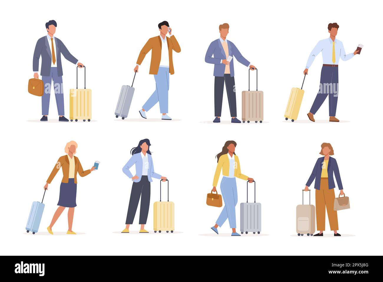 Business people on a business trip set. Female and male character walk, stand, talk on the phone and hold suitcases, passports, tickets. Flat vector i Stock Vector