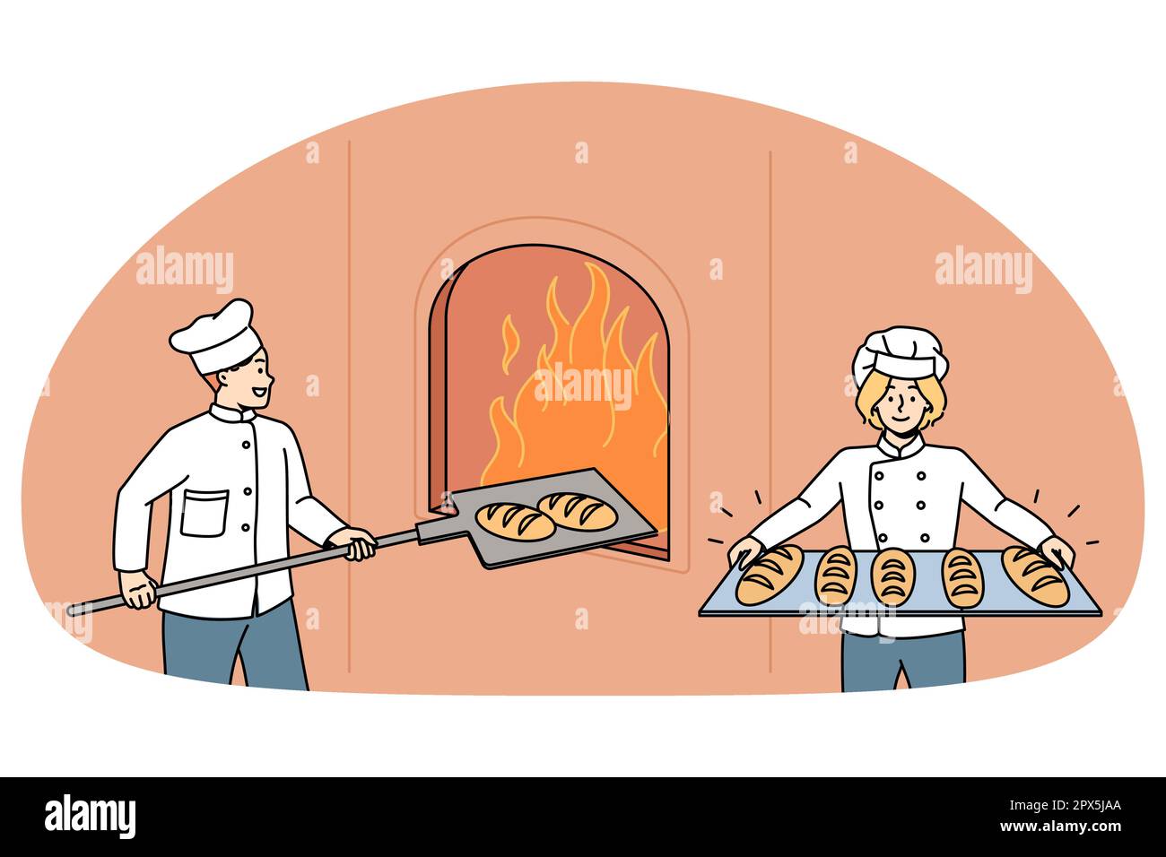 Happy bakers in uniform prepare cook fresh tasty crusty loaves in oven