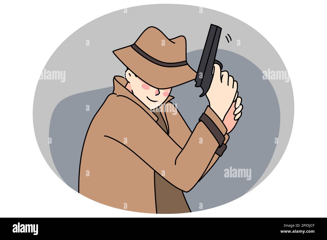 Male detective in coat and hat holding gun spying for criminal or suspect. Man spy or police officer undercover pursue offender with firearm. Private agent work. Vector illustration. Stock Vector