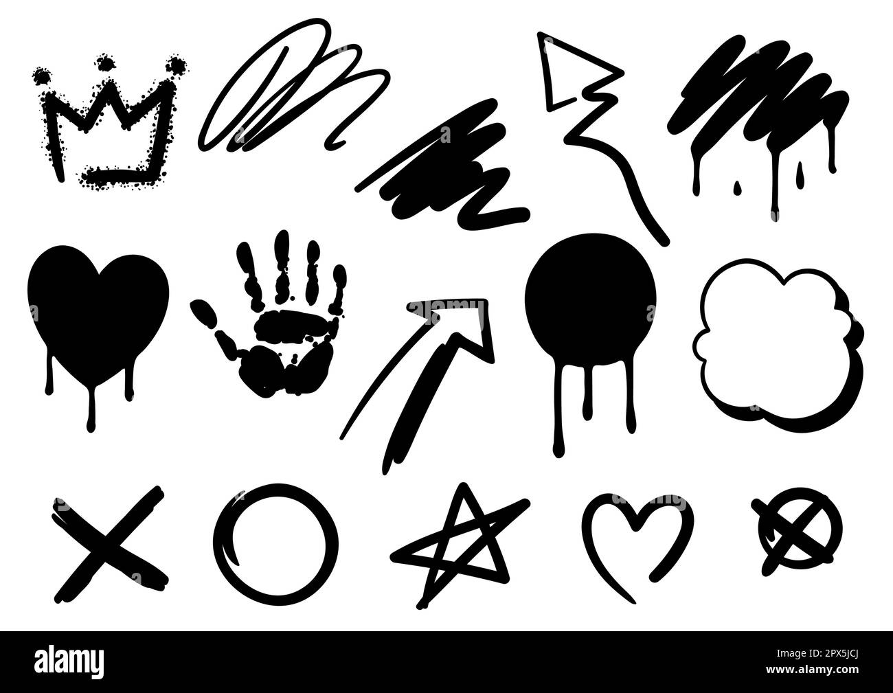 Set of graffiti symbols. Cartoon abstract grunge creative image. Stock Vector