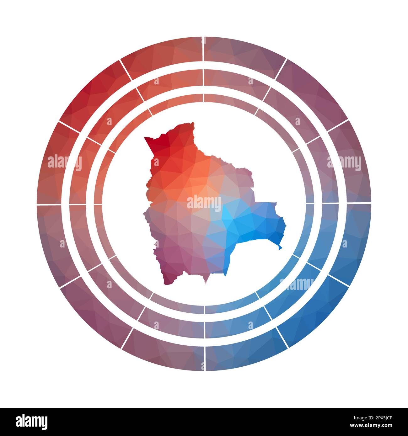 Bolivia badge. Bright gradient logo of country in low poly style. Multicolored Bolivia rounded sign with map in geometric style for your infographics. Stock Vector