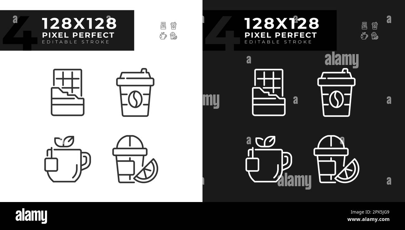 Drinks and desserts pixel perfect linear icons set for dark, light mode Stock Vector