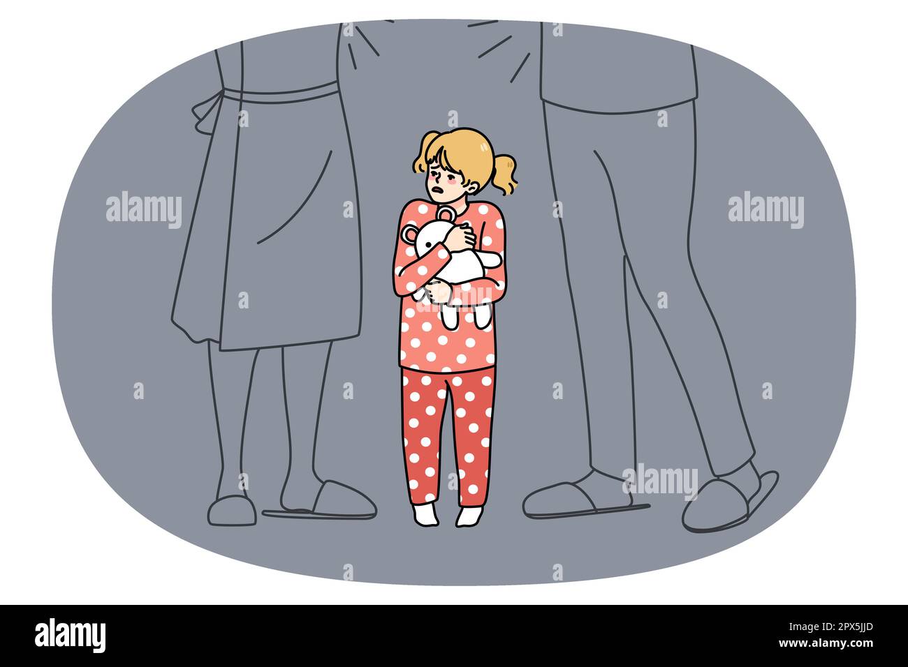 Scared girl child feel stressed with parents argue and fight at home. Unhappy distressed little kid afraid of mom and dad quarrel. Childcare stress, domestic violence effect on children. Vector. Stock Vector