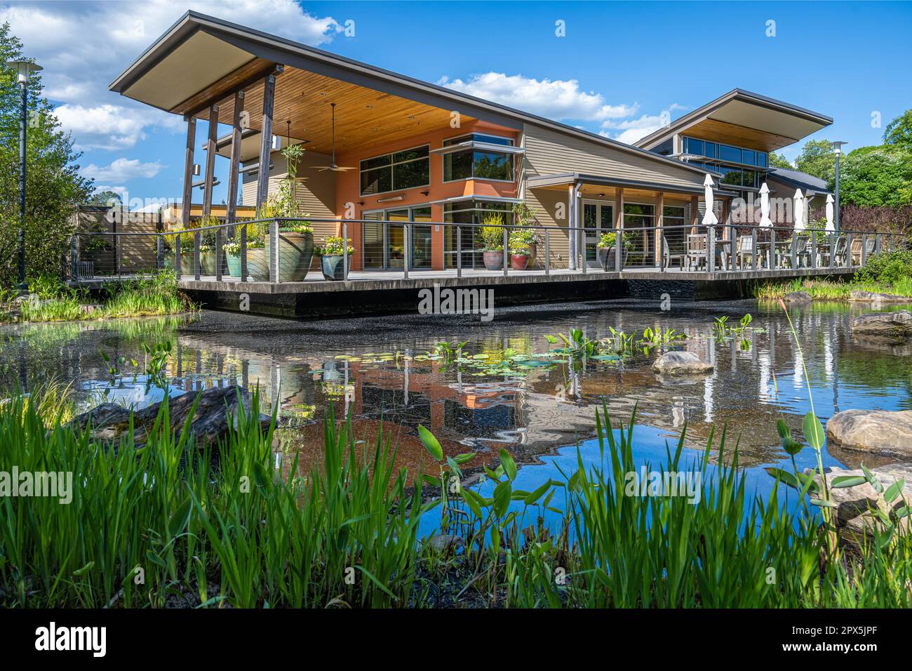 The Kay & Douglas Ivester Visitor Center reflecting in Forest Pond at the Atlanta Botanical Garden in Gainesville, Georgia. (USA) Stock Photo