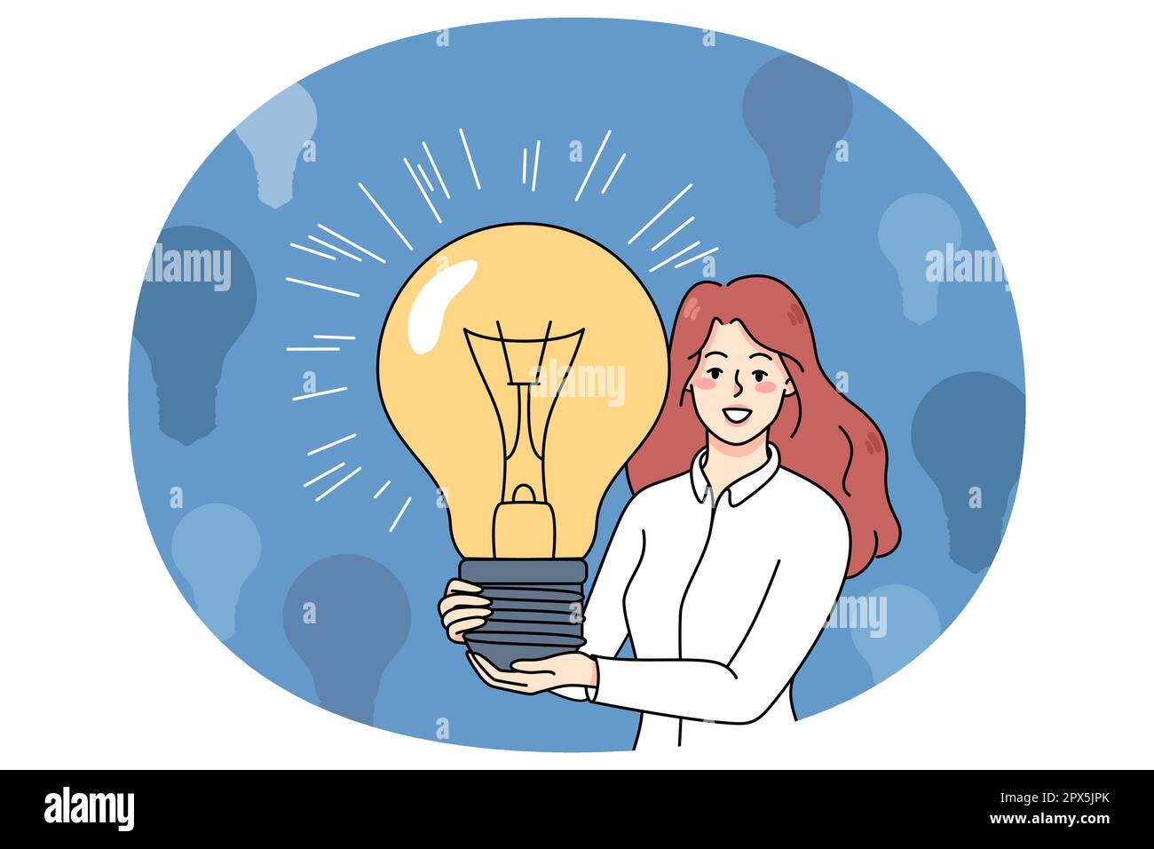 Smiling young woman hold huge lightbulb brainstorm generate creative business ideas. Happy female with light bulb create innovative solutions or launch project. Flat vector illustration. Stock Vector