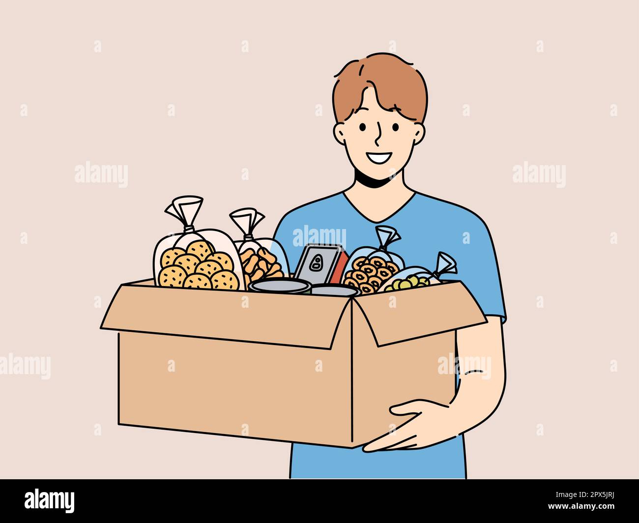 Smiling male volunteer with box of food bring donation at crisis or ...