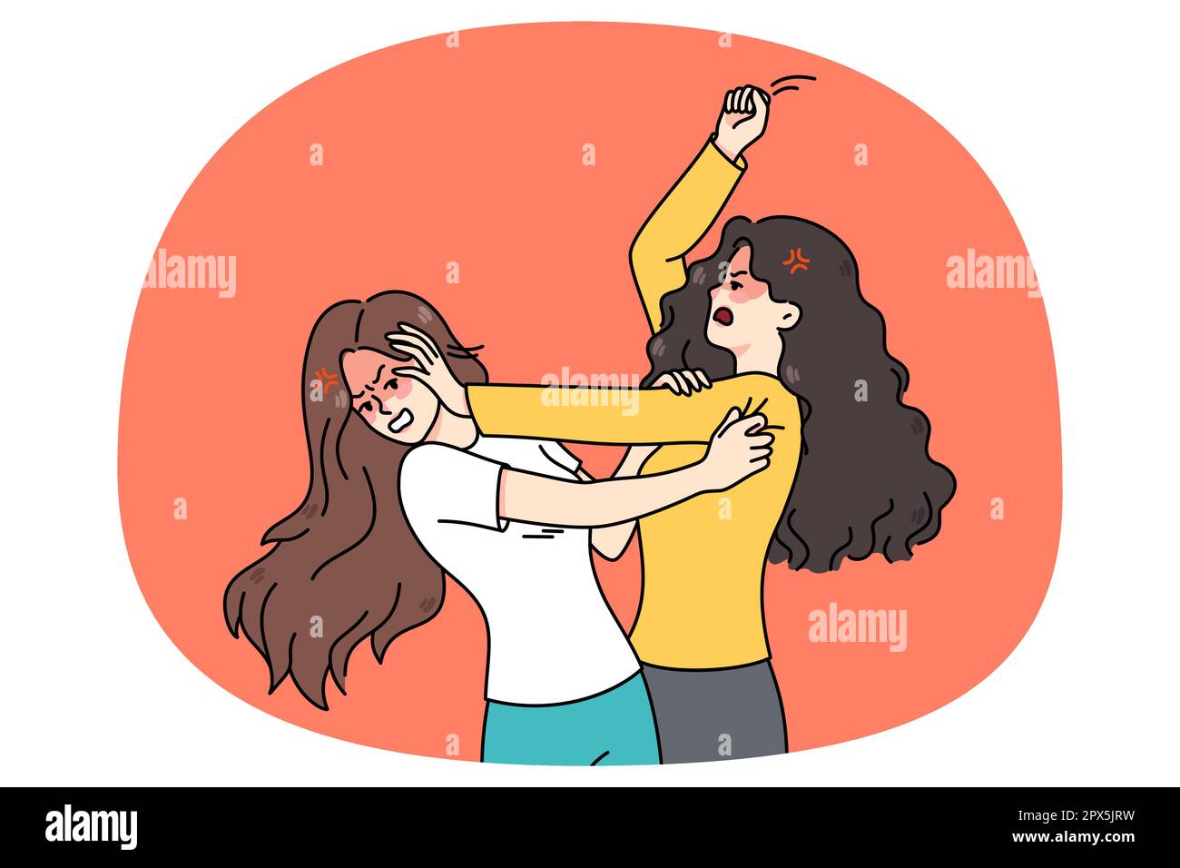 Pair of angry young women fight and quarrel. Mad teenage girls fighting