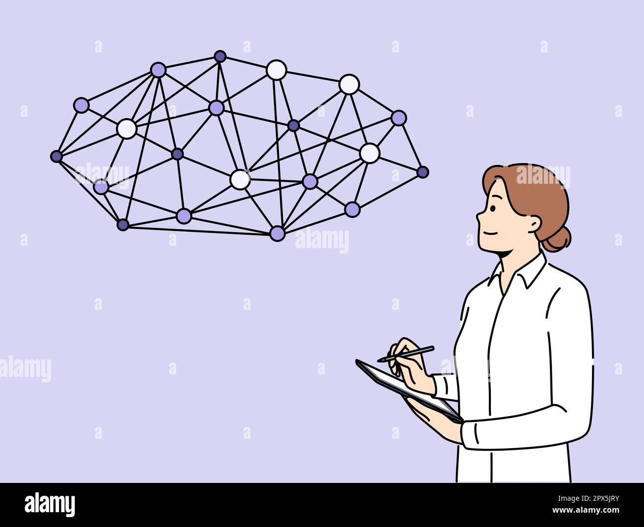 Smiling businesswoman take notes work with global network. Confident ...