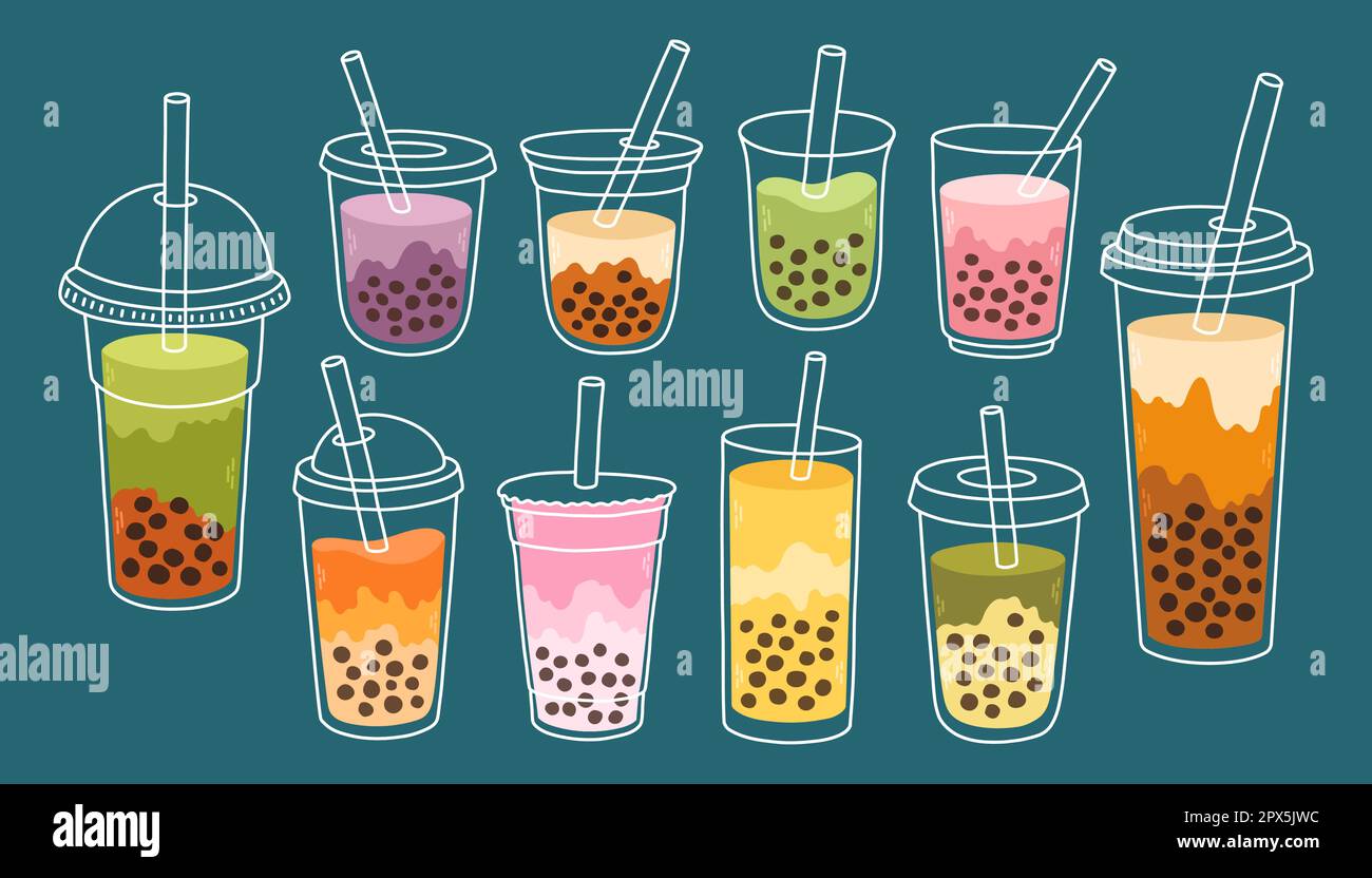 Bubble tea. Plastic cups with famous summer bubble asian tea, popular  taiwanese pearl milk with balls, soft boba drinks with delicious tapioca  sweet cold liquid dessert cartoon vector isolated set 6557374 Vector