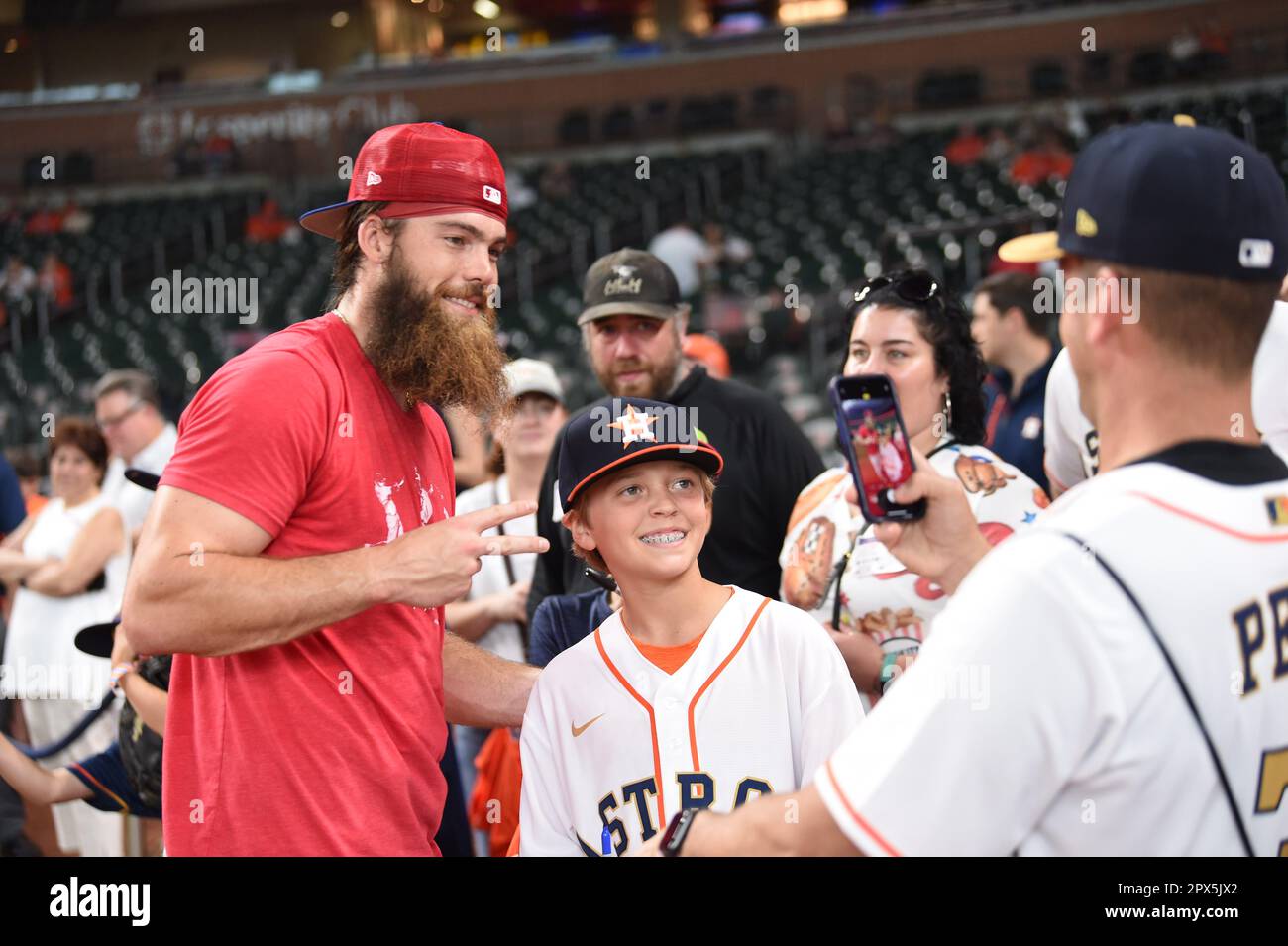 Philadelphia Phillies outfielder BRANDON MARSH poses with a fan during the MLB game between the Philadelphia Phillies and the Houston Astros on Friday Stock Photo
