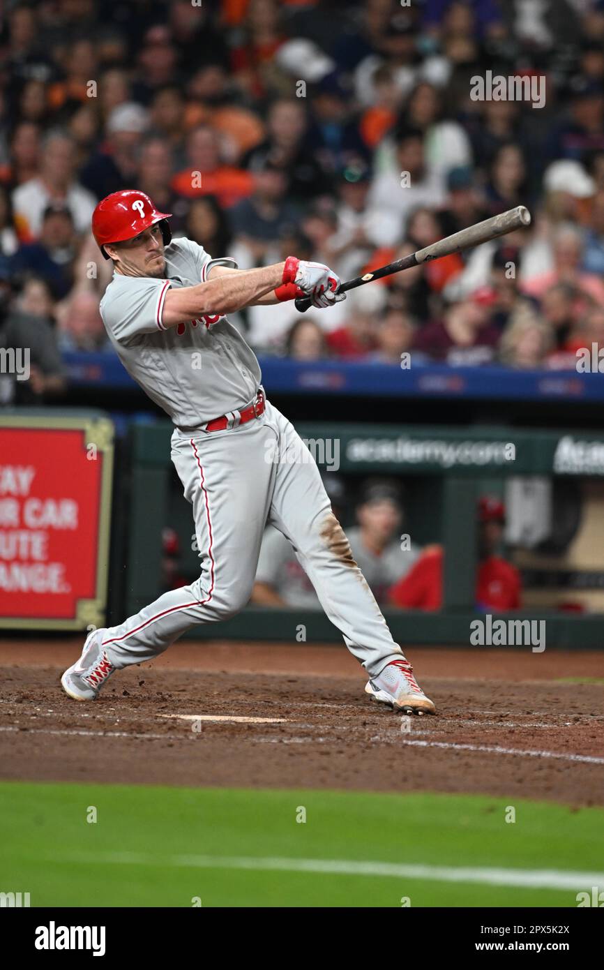 Philadelphia Phillies catcher J.T. REALMUTO singles to right field in the top of the sixth inning during the MLB game between the Philadelphia Phillie Stock Photo