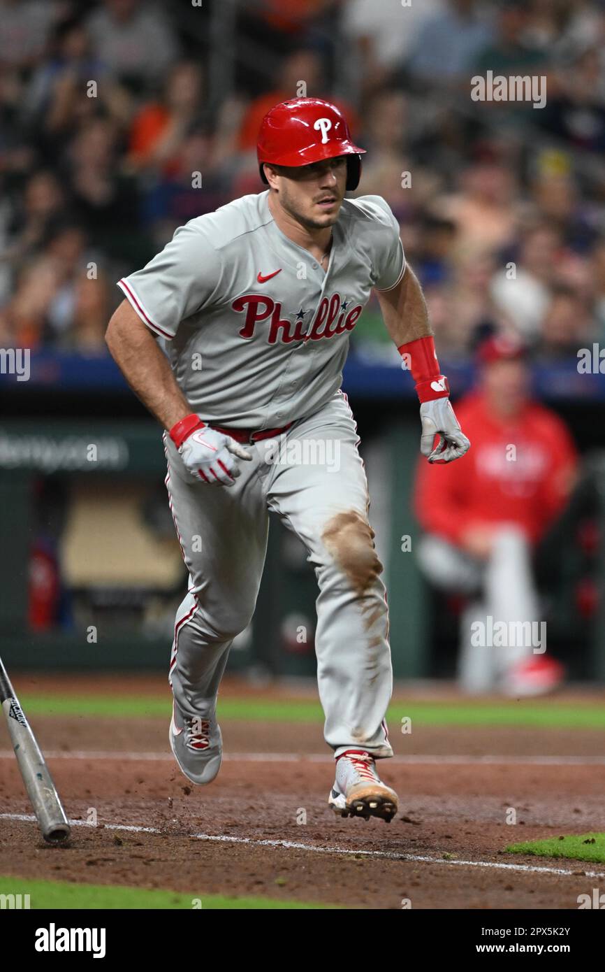 Philadelphia Phillies catcher J.T. REALMUTO singles to right field in the top of the sixth inning during the MLB game between the Philadelphia Phillie Stock Photo