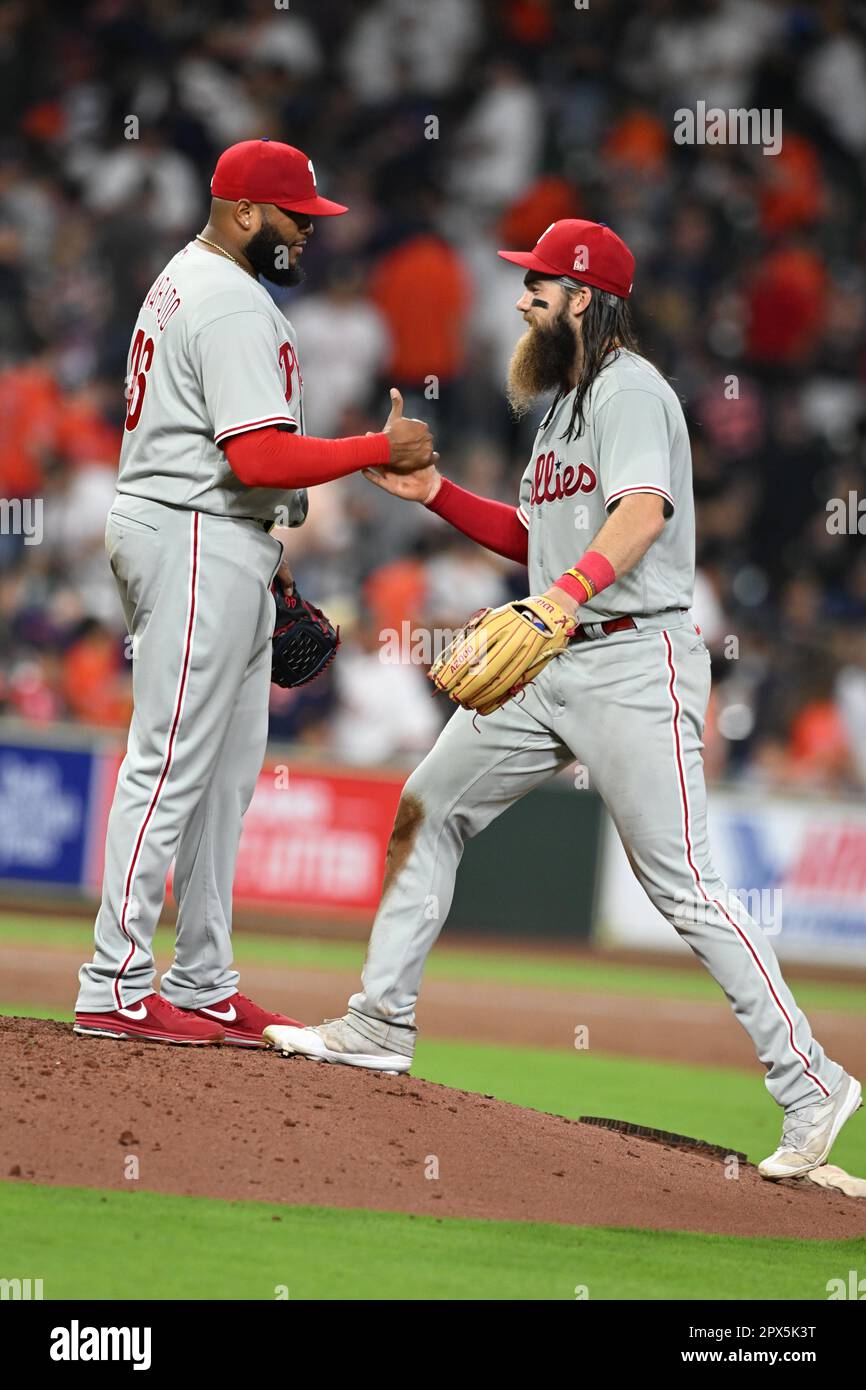 Philadelphia Phillies relief pitcher JOSE ALVARADO is congratulated by Philadelphia Phillies outfielder BRANDON MARSH during the MLB game between the Stock Photo