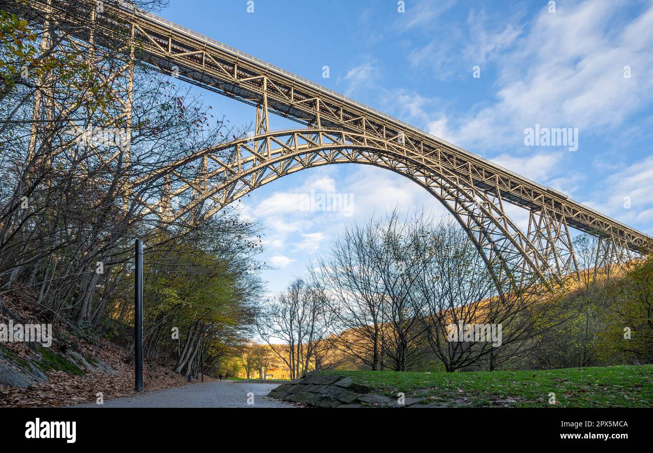 Panoramic image of landmark Mungstener Bridge at sunset, Bergisches Land, Solingen, Germany Stock Photo