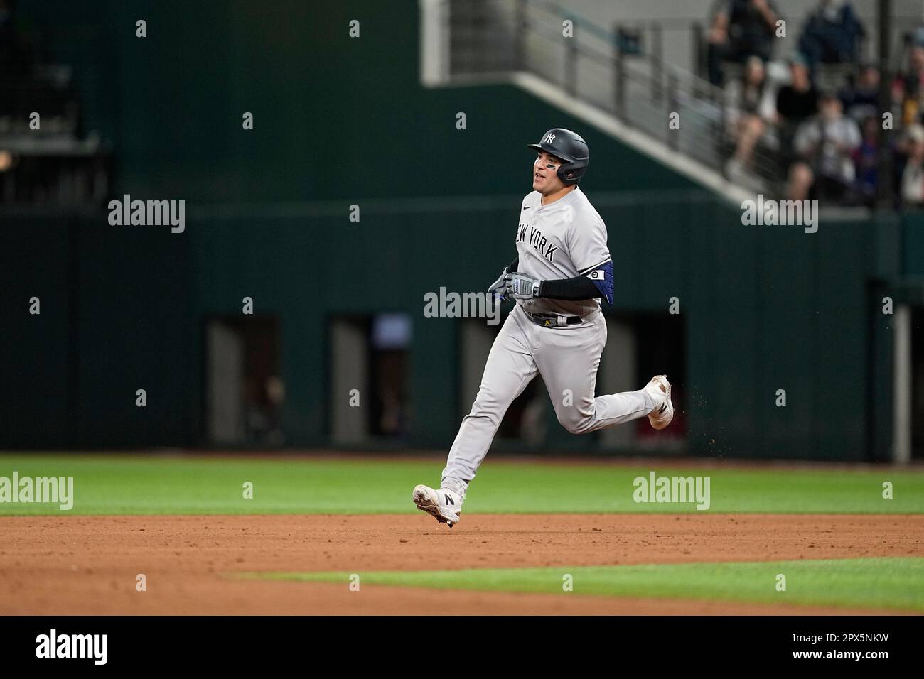 New York Yankees' Jose Trevino rounds the bases after hitting a