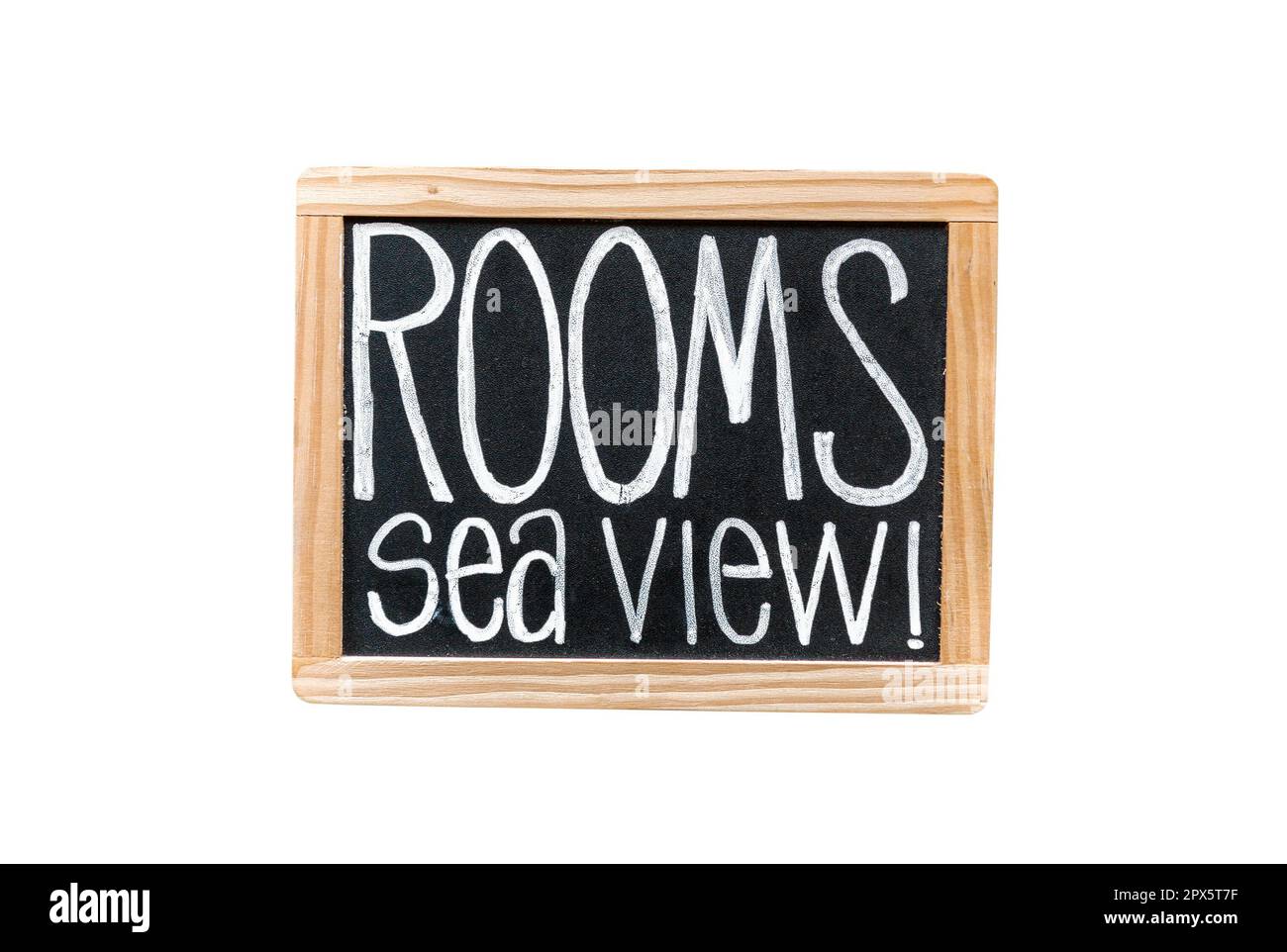 Hotel rooms available sea view chalkboard sign isolated, hostpitality business object Stock Photo