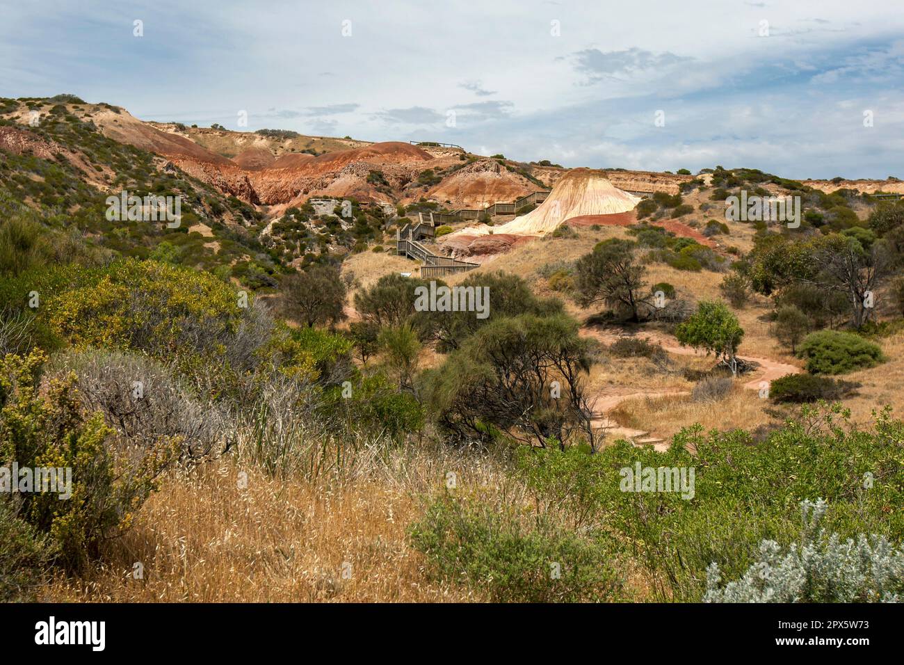 A view within the Hallett Cove Conservation Park in Adelaide in South Australia looking towards the famous Sugarloaf and Amphitheatre. Stock Photo