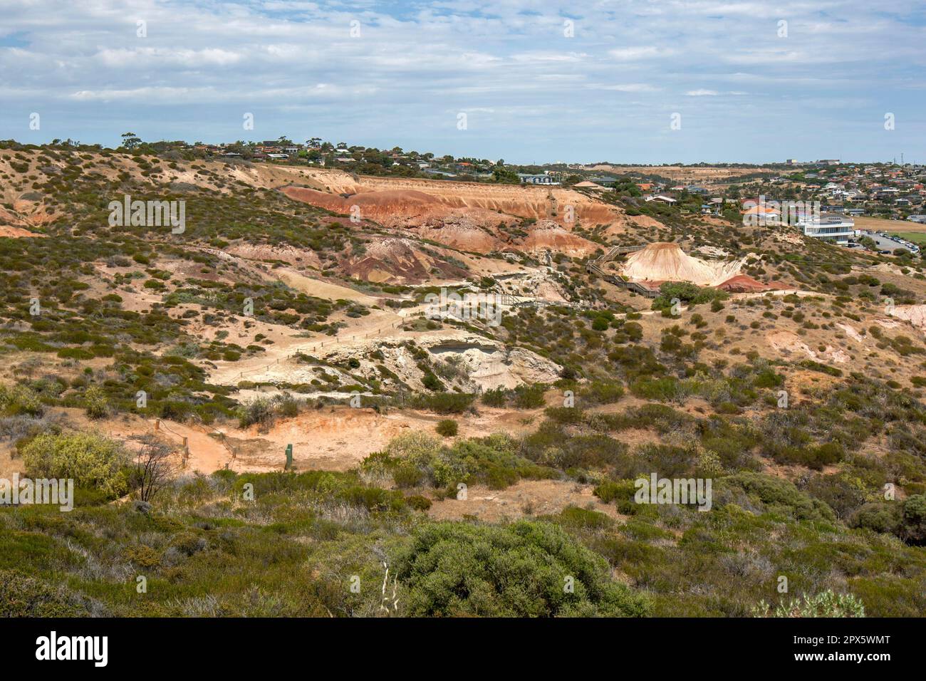 A view within the Hallett Cove Conservation Park in Adelaide in South Australia looking towards the famous Sugarloaf and the Amphitheatre. Stock Photo