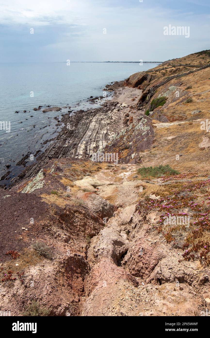 A view within the Hallett Cove Conservation Park in Adelaide in South Australia looking north from Black Rock along the St Vincent Gulf coastline. Stock Photo