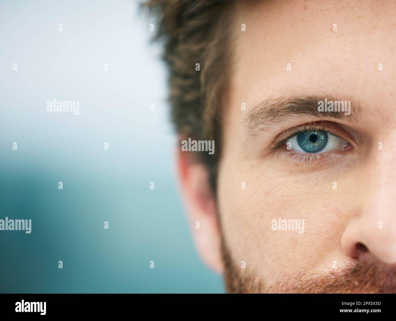 Half face, eye and man with free space for advertising and marketing eye care, contact lenses and vision for bright future. Macro of blue eyes male fo Stock Photo - Alamy