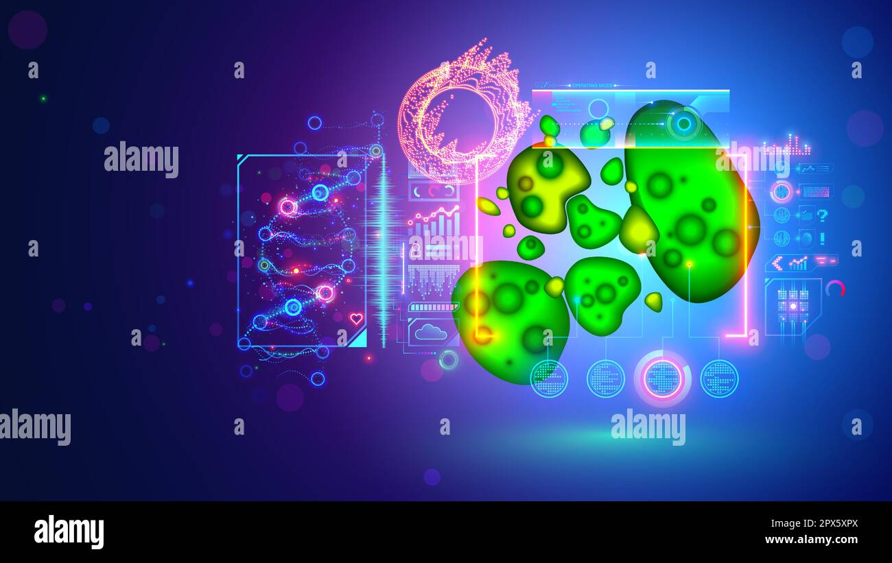 Bacteria cell in microscope with medical tech interface. Analysis DNA