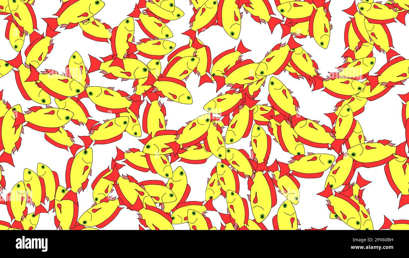 Bright motley pattern seamless from a variety of yellow sea fish in water of a waterfowl with red fins. Vector illustration. Stock Vector