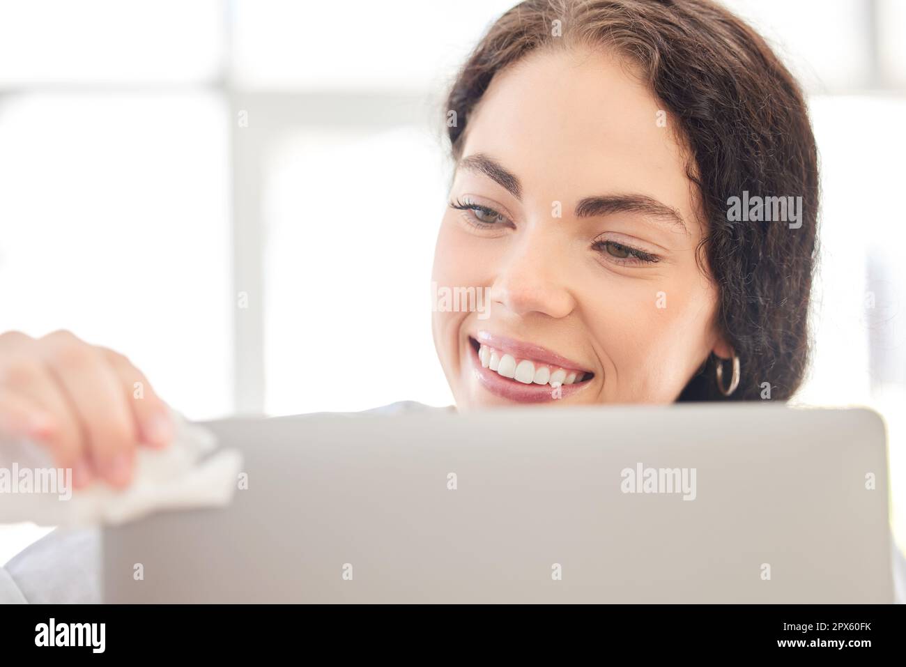 Cleaning, dust and laptop with business woman for hygiene, safety and