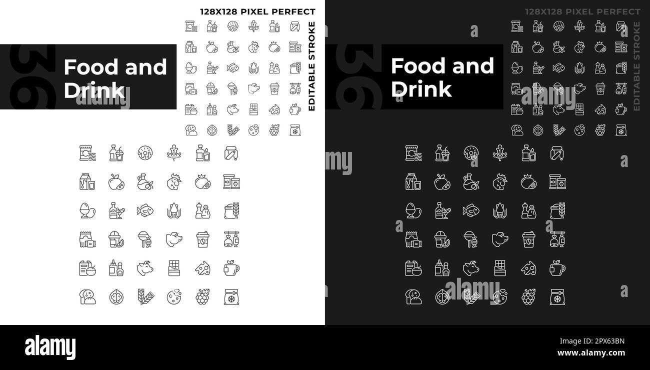 Food and drink pixel perfect linear icons set for dark, light mode Stock Vector