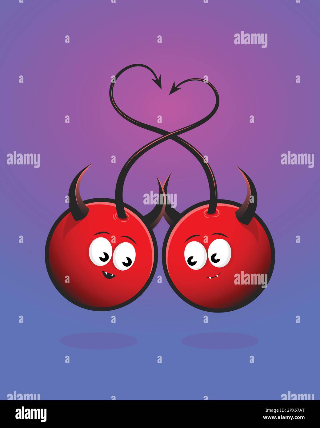 Cherries characters. Two cartoon devil cherries illustration. Stock Vector