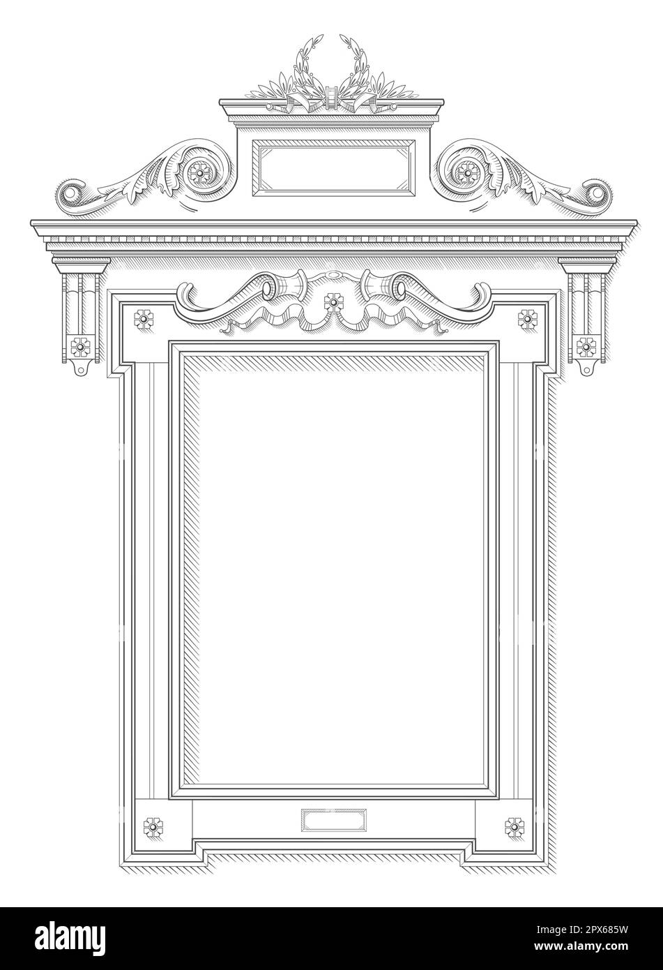 Classical vector window frame facade wall in the technique of engraving