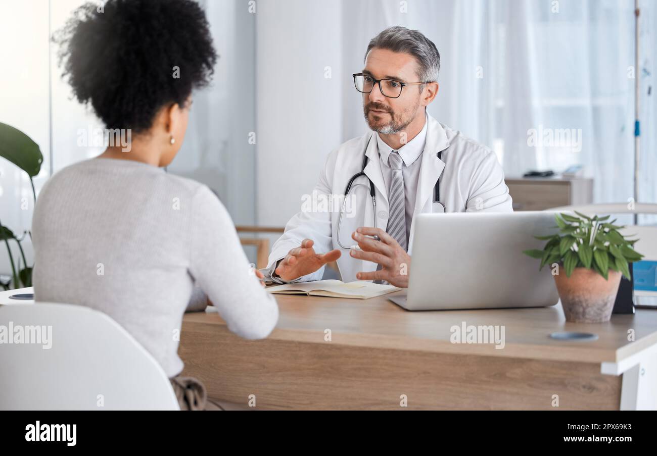 Healthcare, consultation and doctor talking to woman in after checkup, medical appointment and