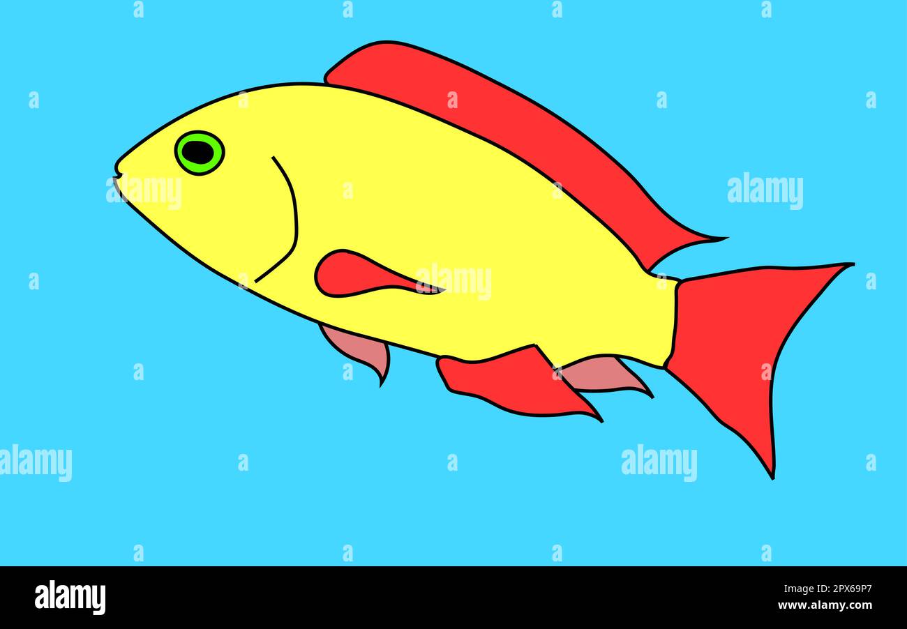 Yellow, painted, a cartoon fish with a green eye and red fins on a blue background. Vector illustration. Stock Vector