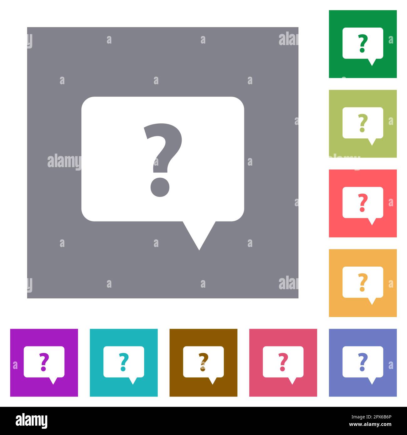 Rounded square help chat bubble solid flat icons on simple color square backgrounds Stock Vector