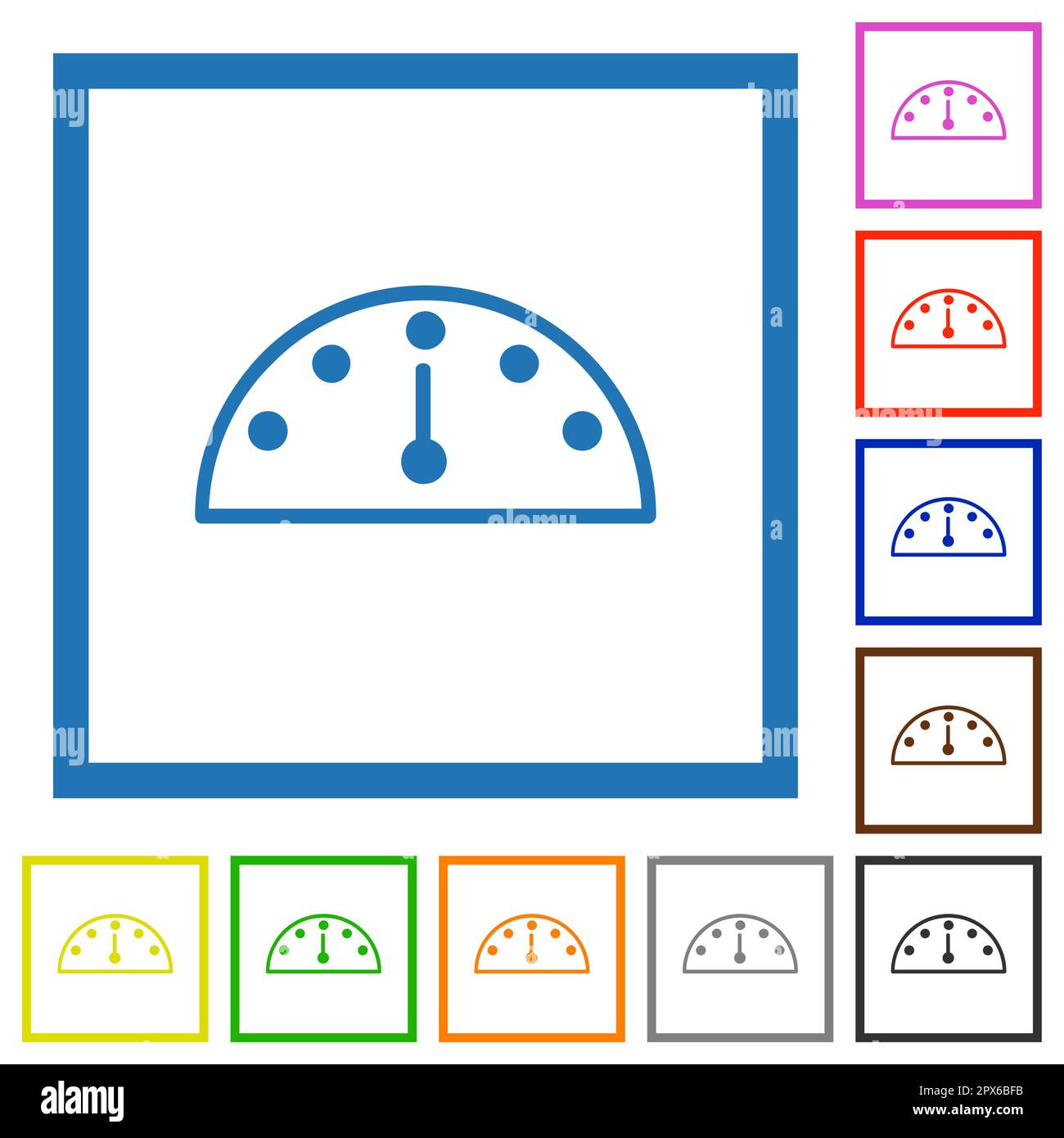 Speedometer outline flat color icons in square frames on white background Stock Vector
