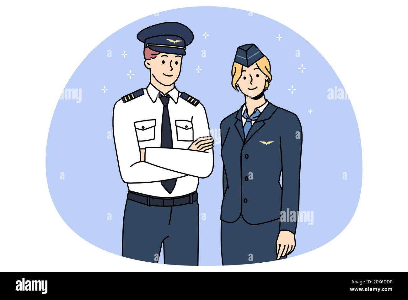 Professional airplane crew in uniform posing for picture together. Portrait of aircraft pilot and stewardess show good quality service. International or national airlines. Vector illustration. Stock Vector