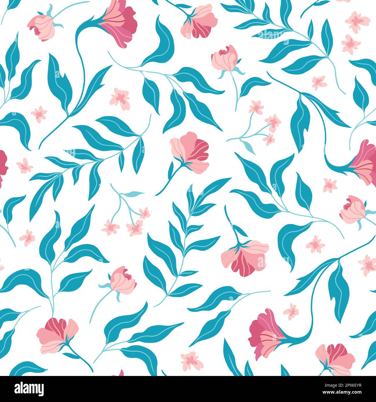 Seamless pattern with cute flat flowers and leaves. Hand drawn vector ...