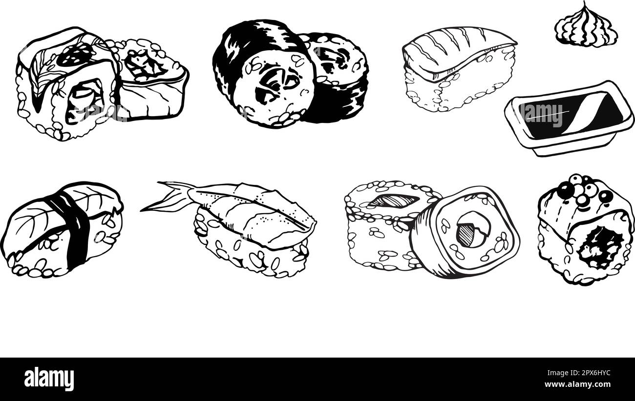 set of japanese food roll rice, fish, hand draw line art, vector ...