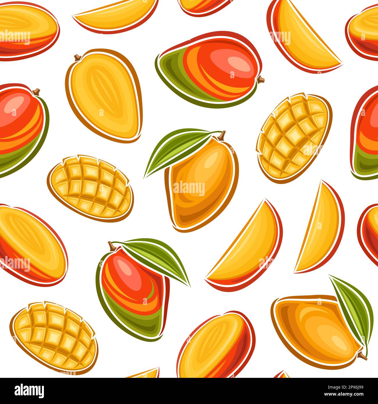 Vector Mango Seamless Pattern, square repeating background with cut out illustration of ripe