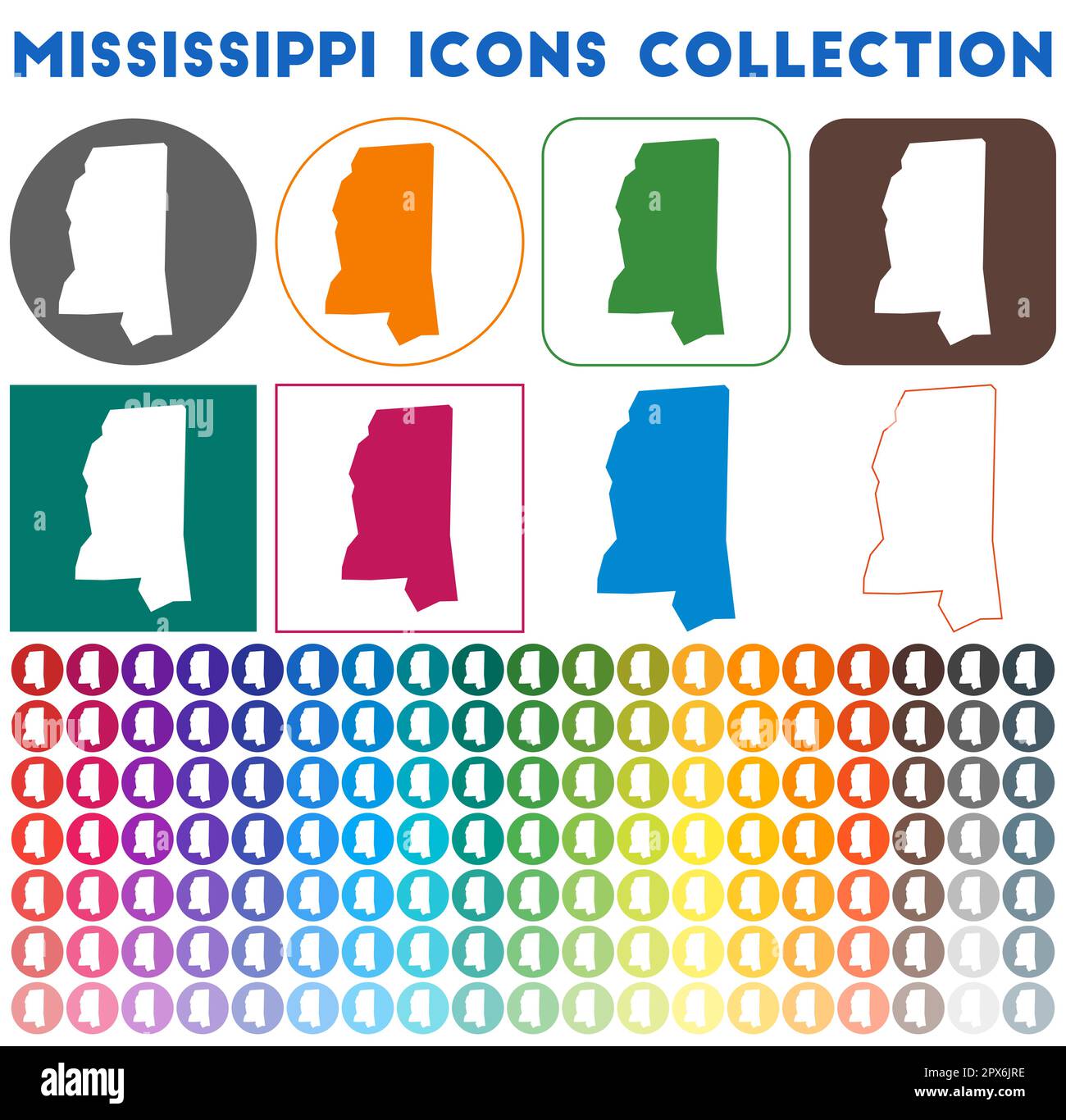 Mississippi icons collection. Bright colorful trendy map icons. Modern ...