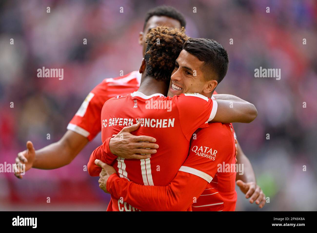 Goal celebration Joao Cancelo FC Bayern Munich FCB (22) with Kingsley Coman FC Bayern Munich FCB (11) Allianz Arena, Munich, Bavaria, Germany Stock Photo
