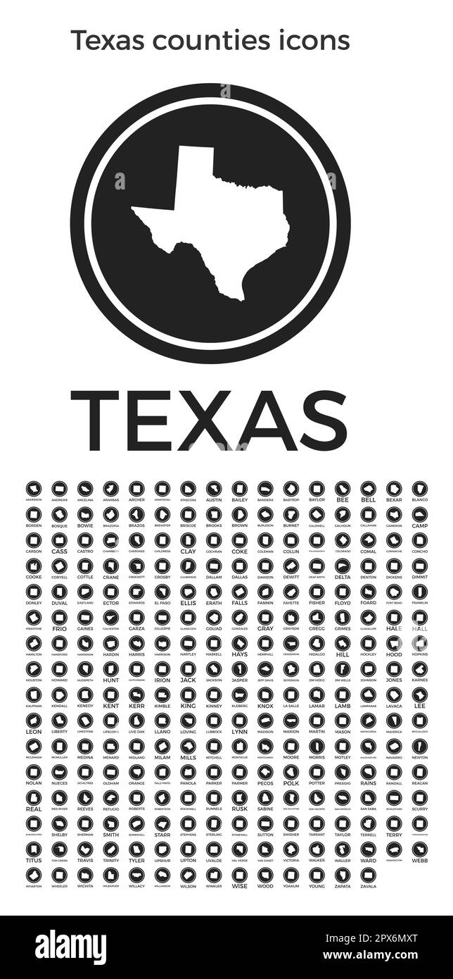 Texas counties icons Black round - Texas Counties Icons Black Round Logos With Us State Counties Maps And Titles Vector Illustration 2PX6MXT 