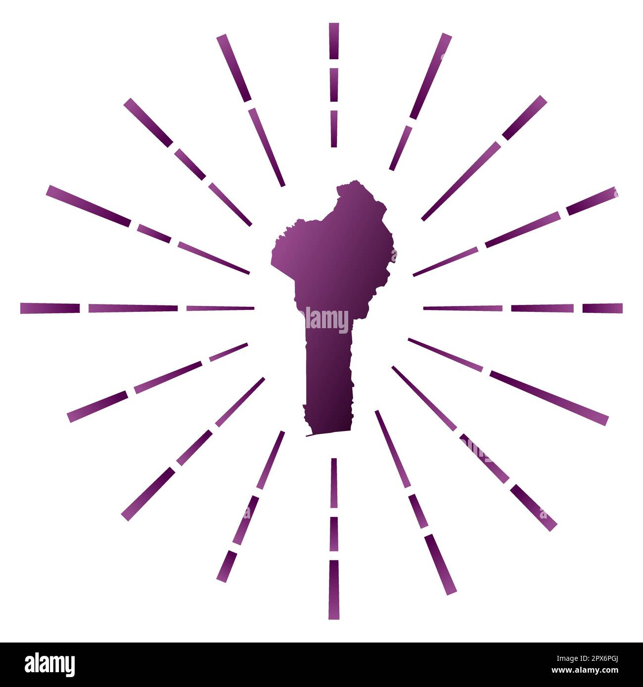 Benin gradiented sunburst. Map of the country with colorful star rays. Benin illustration in digital, technology, internet, network style. Stock Vector
