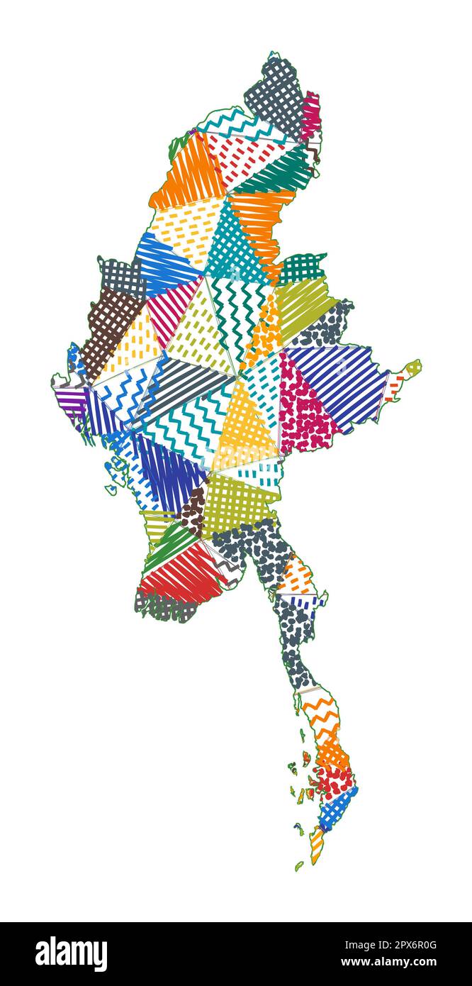 Kid style map of Myanmar. Hand drawn polygons in the shape of Myanmar